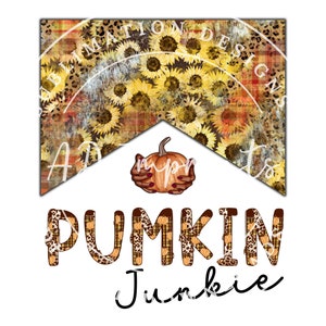 Könnte beinhalten: Ein digitales Design mit einem Kürbis auf einem Hintergrund mit Sonnenblumenmuster und dem Text "PUMPKIN Junkie".