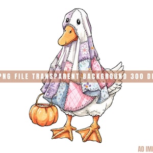 May include: An illustrated goose wearing a patchwork quilt hood and cape, carrying a pumpkin-shaped basket. The goose has orange feet and a yellow beak. The image includes the text "PNG FILE TRANSPARENT BACKGROUND 300 DPI".