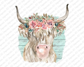 Highland Cow PNG | Cow With Bubblegum | Cow With Flowers Png | Floral Cow Sublimation | Watercolor Farm Animals Clipart | Wood Background