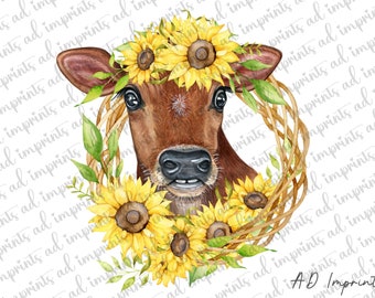 Watercolor Cow PNG | Cow With Sunflowers PNG | Cow Wreath PNG | Floral Cow Sublimation | Watercolor Farm Animals Clipart | Digital Download