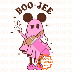 May include: Pink ghost with Mickey Mouse ears holding a pink vacuum cleaner with a brown strap. The ghost is wearing pink shoes and has a peace sign with two fingers. The text "BOO-JEE" is above the ghost. The text "100% ORIGINAL" is below the ghost.