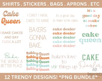 Baking PNG Bundle | Cake Maker Sublimation Design Pack | Retro Boho | Funny Kitchen PNG Quotes | Small Bakery Business | Digital Downloads