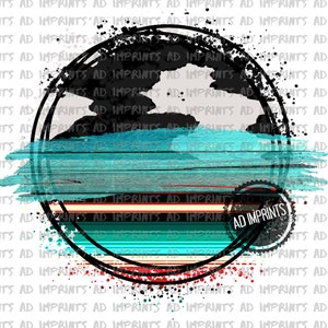 Peut inclure: Un cercle noir et blanc avec un motif rayé bleu et turquoise. Le cercle est entouré d'un contour noir et a un fond blanc. Le texte "AD IMPRINTS" est au centre du cercle.