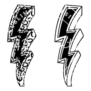 May include: Two black and white lightning bolt illustrations. The lightning bolt on the left has a textured pattern. The lightning bolt on the right is solid black.