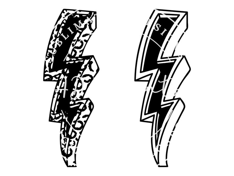 May include: Two black and white lightning bolt illustrations. The lightning bolt on the left has a textured pattern. The lightning bolt on the right is solid black.