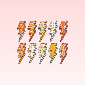 May include: Nine colorful lightning bolt designs with various patterns, including peace signs, flowers, and rainbows. The background is a gradient of pink and white.