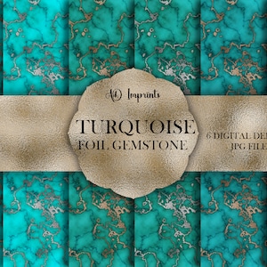 May include: Six digital papers featuring a turquoise gemstone pattern with gold foil accents. The papers are 300 DPI JPG files.