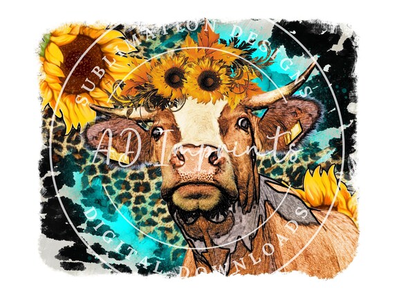 Cow With Sunflowers Png | Fall Cow Png | Western Fall Sublimation | Turquoise Cowhide Leopard Background | Bleached Shirt Sublimation Design