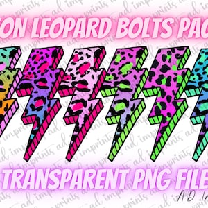 May include: Six neon leopard print lightning bolt graphics. The bolts are in a variety of colors, including pink, blue, green, and yellow. The text "NEON LEOPARD BOLTS PACK!" is at the top of the image, and the text "6 TRANSPARENT PNG FILES!" is at the bottom of the image.