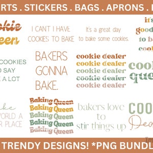 Pode incluir: Um conjunto de 12 designs modernos com frases e gráficos relacionados com biscoitos. Os designs incluem frases como "Cookie Queen", "Cookie Dealer" e "Bakers Gonna Bake". Os designs estão em uma variedade de cores, incluindo marrom, verde e rosa. Os designs são perfeitos para usar em camisetas, adesivos, bolsas, aventais e muito mais. 12 DESIGNS MODERNOS! *PACOTE PNG*