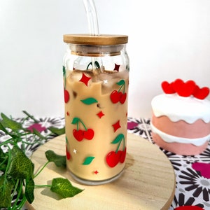 Cherry Heart Cup | Iced Coffee Cup | 20 oz Can Libbey Glass Cup | Heart Shaped Cherries Fruit Cup | Trendy Cup | Gifts For Her | Cherry Gift