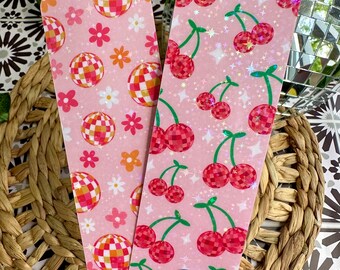 Holographic Groovy Cherry Disco Bookmark Set | Pink and Orange Disco Bookmark | Disco Cherry Bookmark | Sparkle Glitter Bookmark Gift