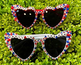 Party in the USA Sunglasses | Red White and Blue Bedazzled Heart Sunglasses | 4th of July Sunglasses | America Bling Rhinestone Sunglasses