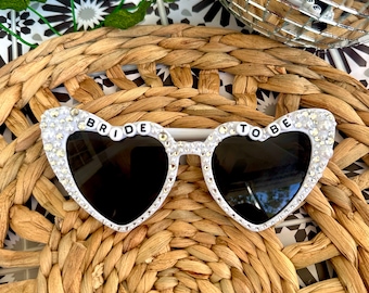 Personalized Bride Sunglasses, White Heart Sunglasses, Bedazzled Sunglasses, Bling Pearl Sunglasses, Custom Party Sunglasses, Bachelorette