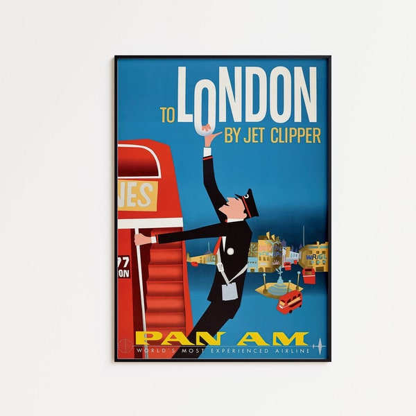 Affiche panaméricaine mettant en vedette le service Jet Clipper à Londres, affiche de voyage, affiche vintage, affiche rétro, affiche de Londres, idée cadeau d'anniversaire,