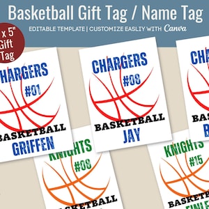 Basketball Name Gift Tag, Personalize snack name tag for travel game, Basketball treat gift label, Customize Canva Template BKGT001