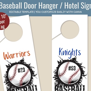 Baseball Gameday Hotel door hanger, Door decoration name tag, Bedroom door hanger sign, Travel pride sign, Customize Canva Template BSDH003