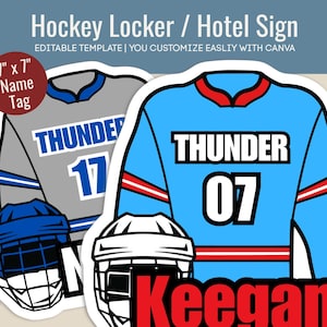 Hockey Hotel door sign, Locker decoration name tag, Club Hockey team travel pride sign, Printable Cutout, Customize Canva Template HKN007