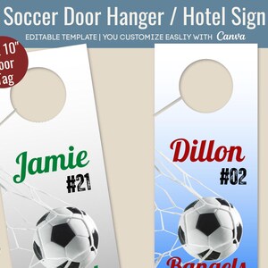 Soccer Hotel door hanger sign, Door decoration name tag, Travel pride hanger sign, Bedroom door sign, Customize Canva Template SCDH002