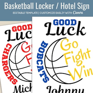 Good Luck Basketball Hotel door sign, Pep Rally poster, Varsity Basketball Tournament locker sign tag, Customize Canva Template BKB023