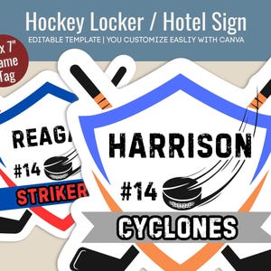 Hockey Hotel door sign, Locker decoration name tag, Club Hockey team travel pride sign, Printable Sign, Customize Canva Template HKN014