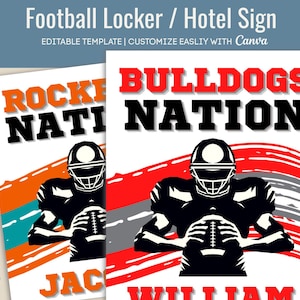 Football Hotel door sign, Locker room name tag, Team nation spirit sign, Travel pride Varsity sign, Customize Canva Template FTB012