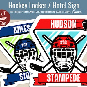 Hockey Hotel door sign, Locker decoration name tag, Club Hockey team travel pride sign, Printable Sign, Customize Canva Template HKN005