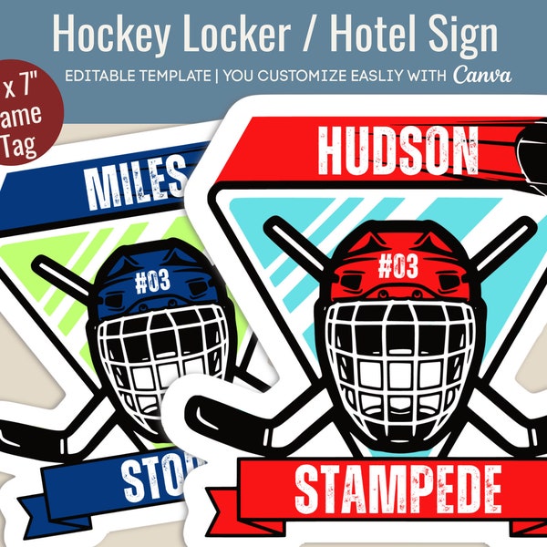 Hockey Hotel door sign, Locker decoration name tag, Club Hockey team travel pride sign, Printable Sign, Customize Canva Template HKN005