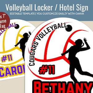 Volleyball Locker decoration name tag, Travel Hotel door sign, Volleyball printable sign, game day cutout, Customize Canva Template VBN011