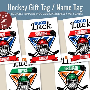 Etykieta upominkowa na szczęście z napisem „Hockey”, etykieta na smakołyk w podróży, zawieszka na prezent z okazji meczu hokejowego, etykieta drużyny do wydrukowania, dostosowywany szablon Canva HKGT002