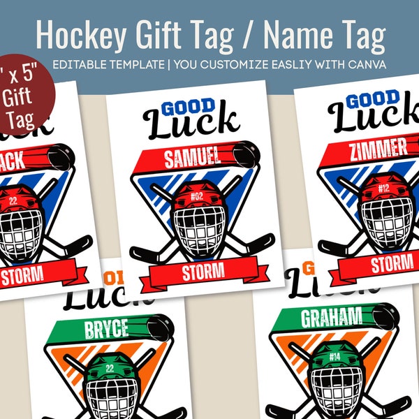 Good Luck Hockey Name Gift Tag, Travel Treat label, Hockey Game Day goodie hang tag, Printable team tag, Customize Canva Template HKGT002