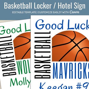 Good Luck Basketball Hotel door sign, Pep Rally Team spirit poster, Varsity Basketball locker sign tag, Customize Canva Template BKB021