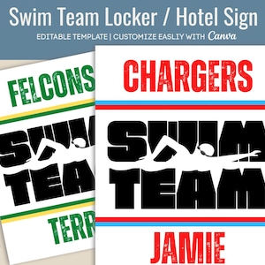 Swim Team Locker decoration sign, Hotel door sign tag, Team spirit poster, Travel pride Name tag, Customizable Canva Template SWT001