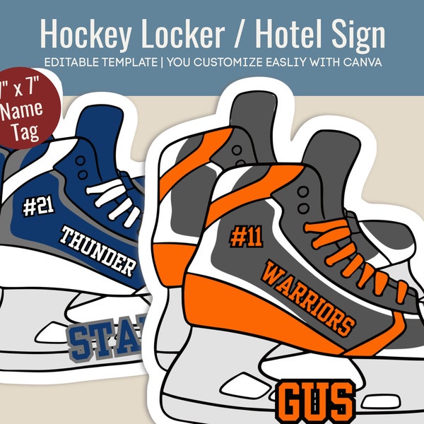 Hockey Skates Hotel door sign, Locker room decoration name tag, Club Hockey team travel pride cutout sign, Customize Canva Template HKN011