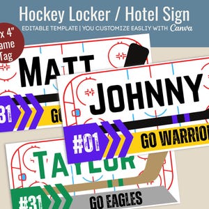 Hockey Hotel door sign, Locker room decoration name tag, Club Hockey travel pride cutout sign, Customize Canva Template HKN001