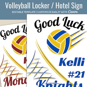 Good Luck Volleyball Locker Sign, Hotel door sign, Locker room decoration tag, Travel pride name tag sign, Customize Canva Template VLB021