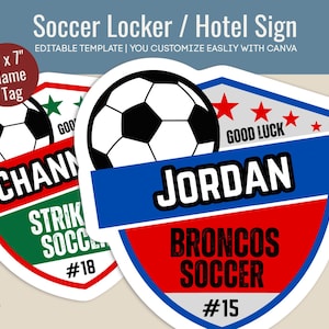 Good Luck Soccer Door name tag, Locker decoration sign, Soccer printable cutout sign, Soccer game day sign, Customize Canva Template SCN018