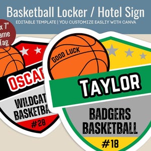 Basketball Hotel door sign, Locker decoration name tag, Travel Team pride sign, Basketball Cutout Sign, Customize Canva Template BKN018