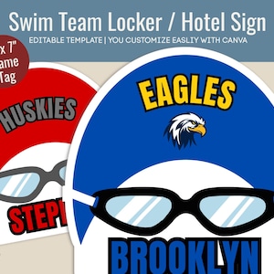 Swim Team Hotel door sign, Swimmer&#39;s name tag, Locker decoration sign, Swim team cutout travel pride sign, Customize Canva Template SWN005