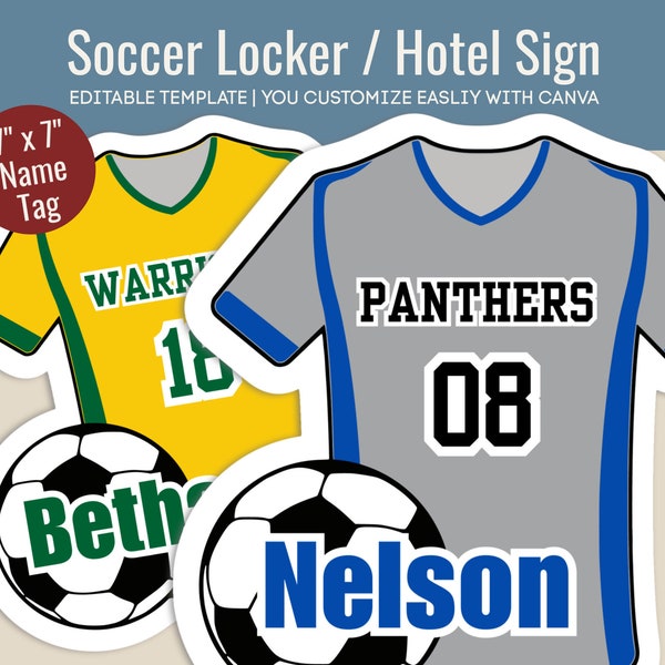 Soccer Jersey Hotel door name tag, Locker room decoration sign, Soccer printable sign, Soccer game day sign, Customize Canva Template SCN008