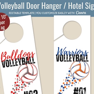 Volleyball Hotel door hanger sign, Door decoration name tag, Bedroom door hanger sign, Travel pride sign, Customize Canva Template VBDH001