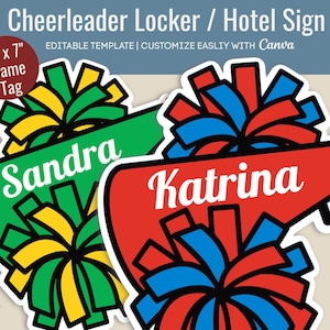 Cheerleader Hotel door hanger, Cheer name tag, Locker decoration name tag, Sport team travel pride sign, Customize Canva Template CHN002