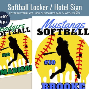 Girls Softball Hotel door sign, Locker decoration name tag, Softball printable travel pride sign, Game Day, Customize Canva Template SFB010