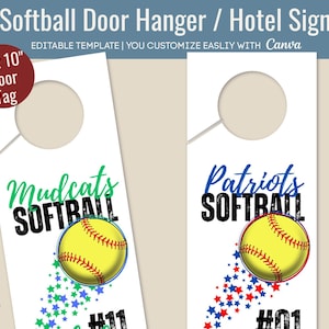 Softball Hotel door hanger sign, Door decoration name tag, Bedroom door hanger sign, Travel pride sign, Customize Canva Template SFDH001