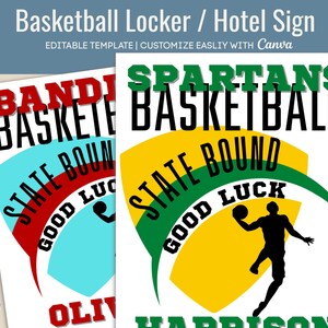 Letrero para puerta de hotel de baloncesto "Buena suerte chicos", etiqueta para casillero universitario de baloncesto del torneo estatal, letrero para casillero, plantilla de Canva personalizada BKB019
