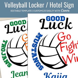 Good Luck Volleyball Locker decoration Sign, Tournament Hotel door sign, Travel pride name tag sign, Customize Canva Template VLB023