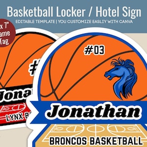 Basketball Hotel door sign, Locker decoration name tag, Travel Team pride sign, Basketball Camp Cutout tag, Customize Canva Template BKN003
