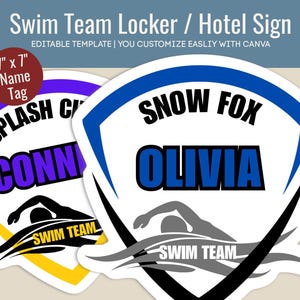 Swim Team locker decoration name tag, Swimmer&#39;s hotel door sign, Swim team cutout travel pride sign, Customize Canva Template SWN002