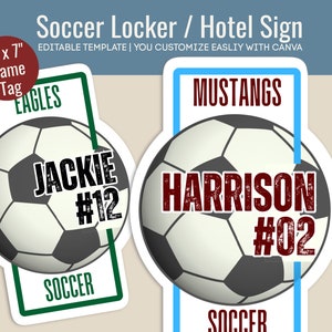 Soccer Locker decoration name tag, Travel Team Hotel door sign, Soccer printable sign, Soccer game day sign, Customize Canva Template SCN002