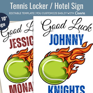 Znak szafki tenisowej Good Luck, dekoracja szatni, znak na drzwi hotelu Travel Hotel, znak turnieju tenisowego, dostosuj szablon Canva TNS009